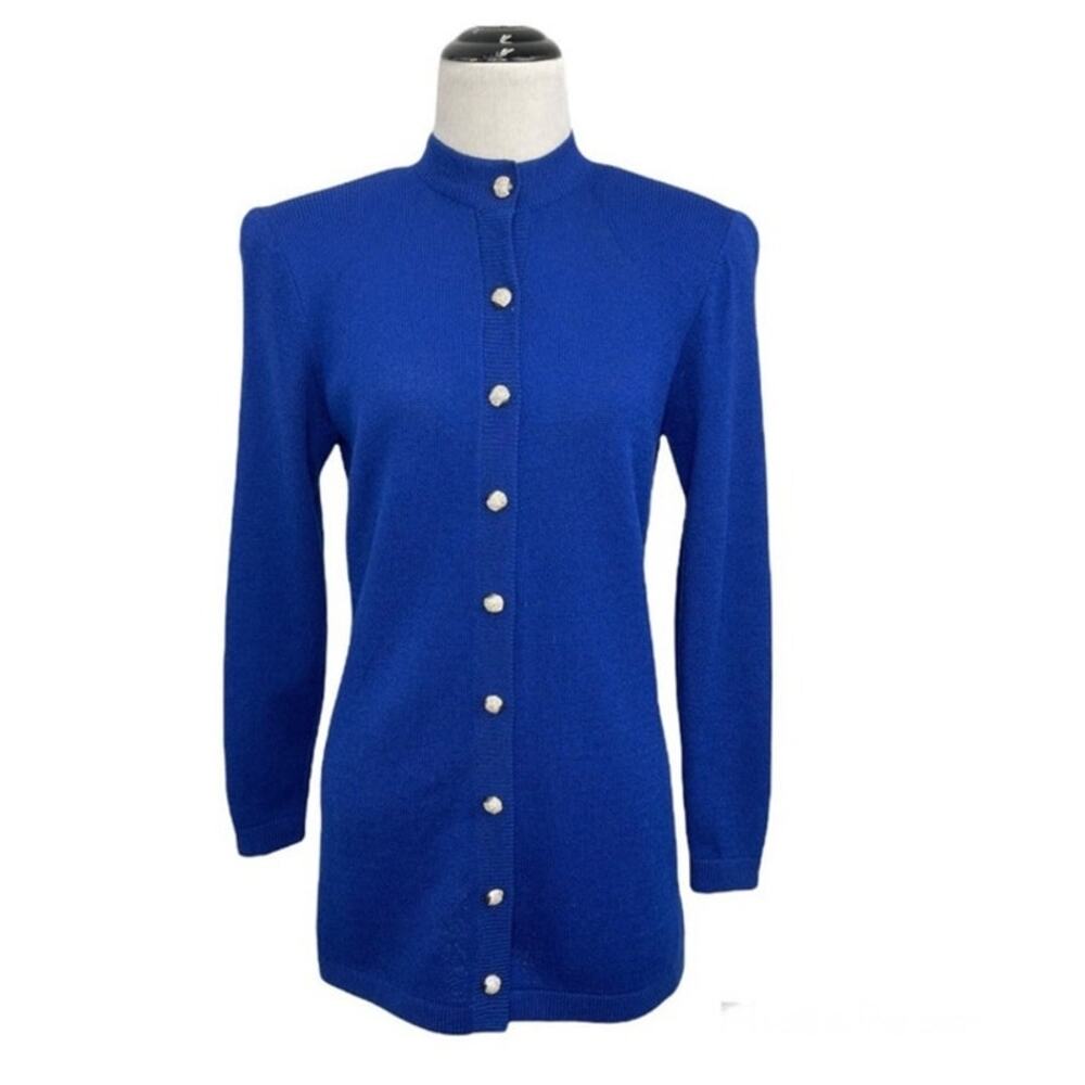 St. John Neiman Marcus 4 Blue Jeweled Rhinestone Button Mock Neck Cardigan